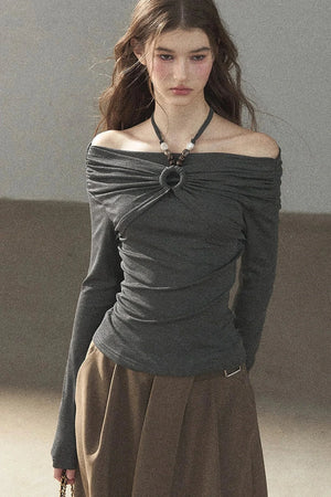 One-Shoulder Long-Sleeve Halter Blouse