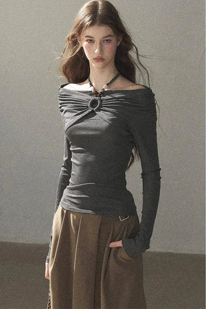 One-Shoulder Long-Sleeve Halter Blouse