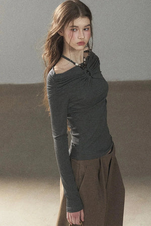 One-Shoulder Long-Sleeve Halter Blouse