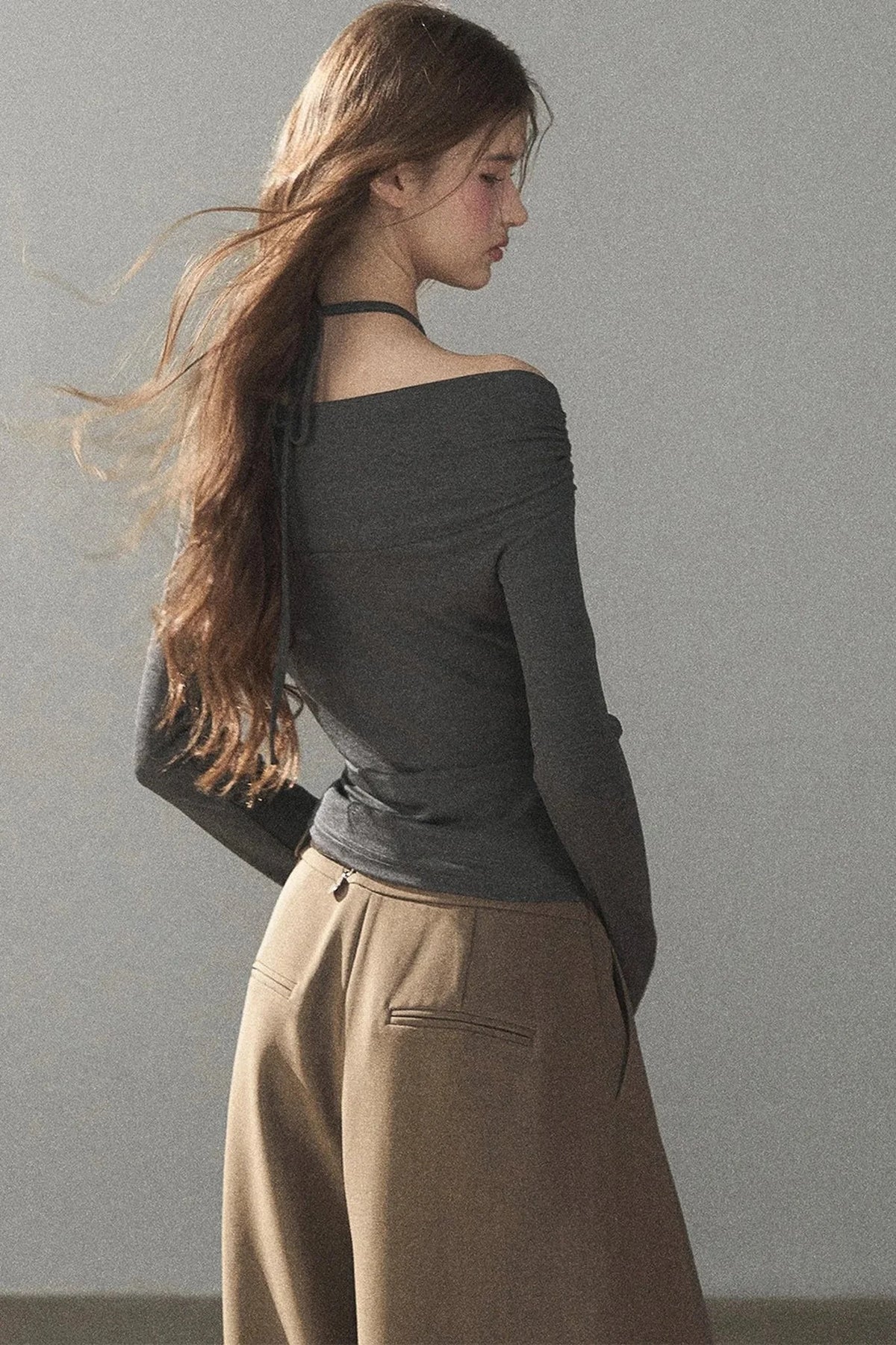 One-Shoulder Long-Sleeve Halter Blouse