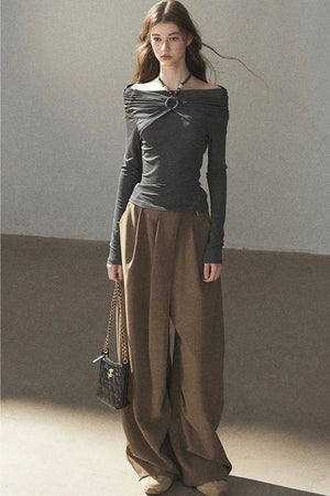 One-Shoulder Long-Sleeve Halter Blouse
