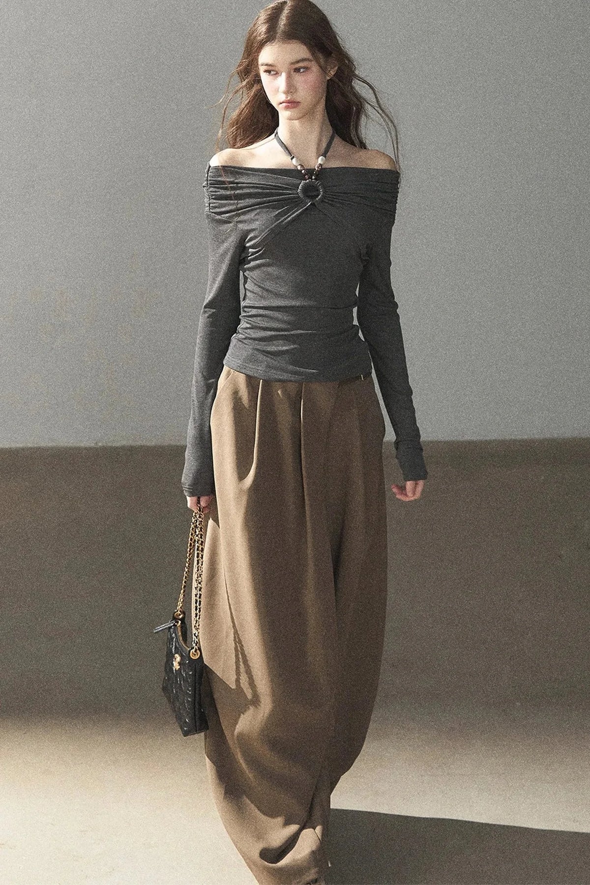 One-Shoulder Long-Sleeve Halter Blouse