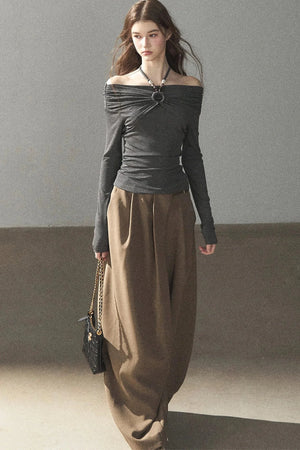 One-Shoulder Long-Sleeve Halter Blouse