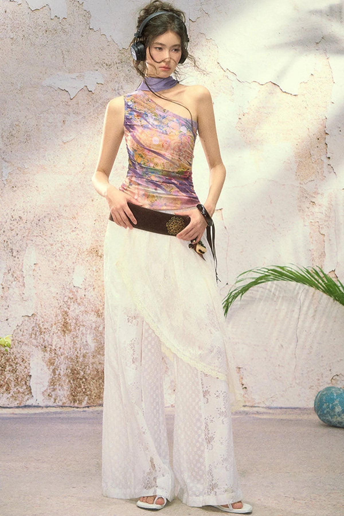 One Shoulder Oil Painting Mesh Top