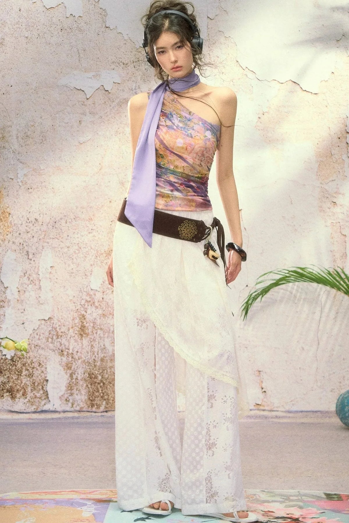 One Shoulder Oil Painting Mesh Top