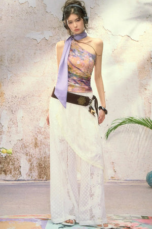 One Shoulder Oil Painting Mesh Top