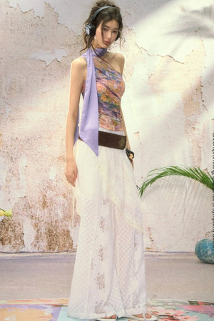 One Shoulder Oil Painting Mesh Top