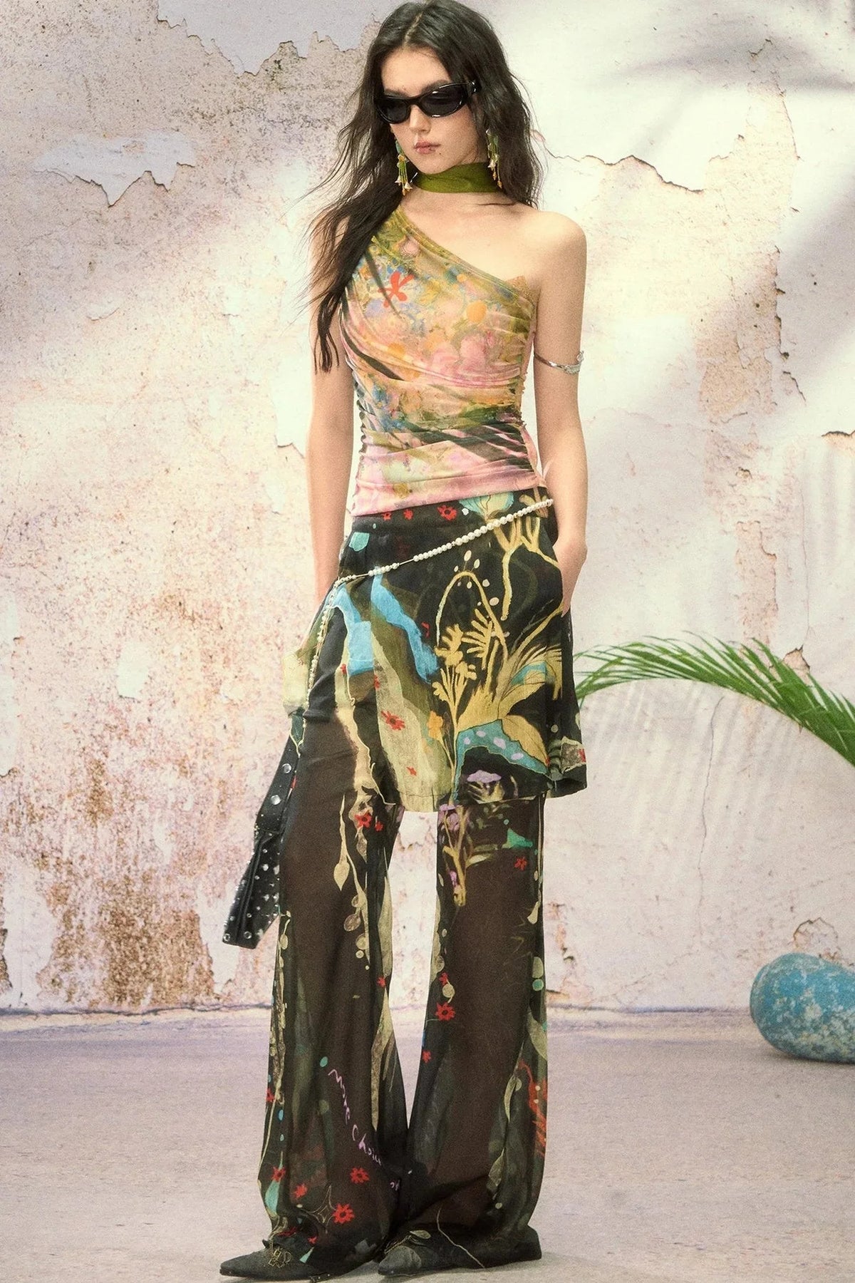 One Shoulder Oil Painting Mesh Top