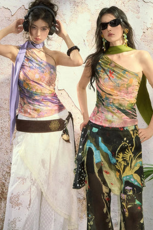 One Shoulder Oil Painting Mesh Top
