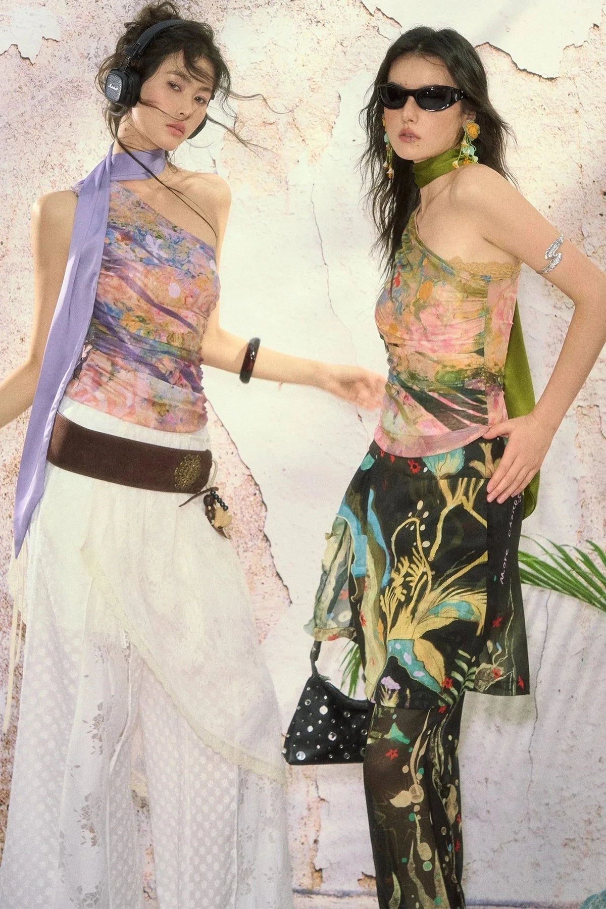 One Shoulder Oil Painting Mesh Top
