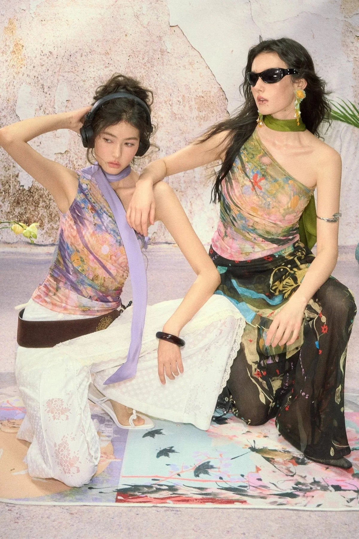 One Shoulder Oil Painting Mesh Top