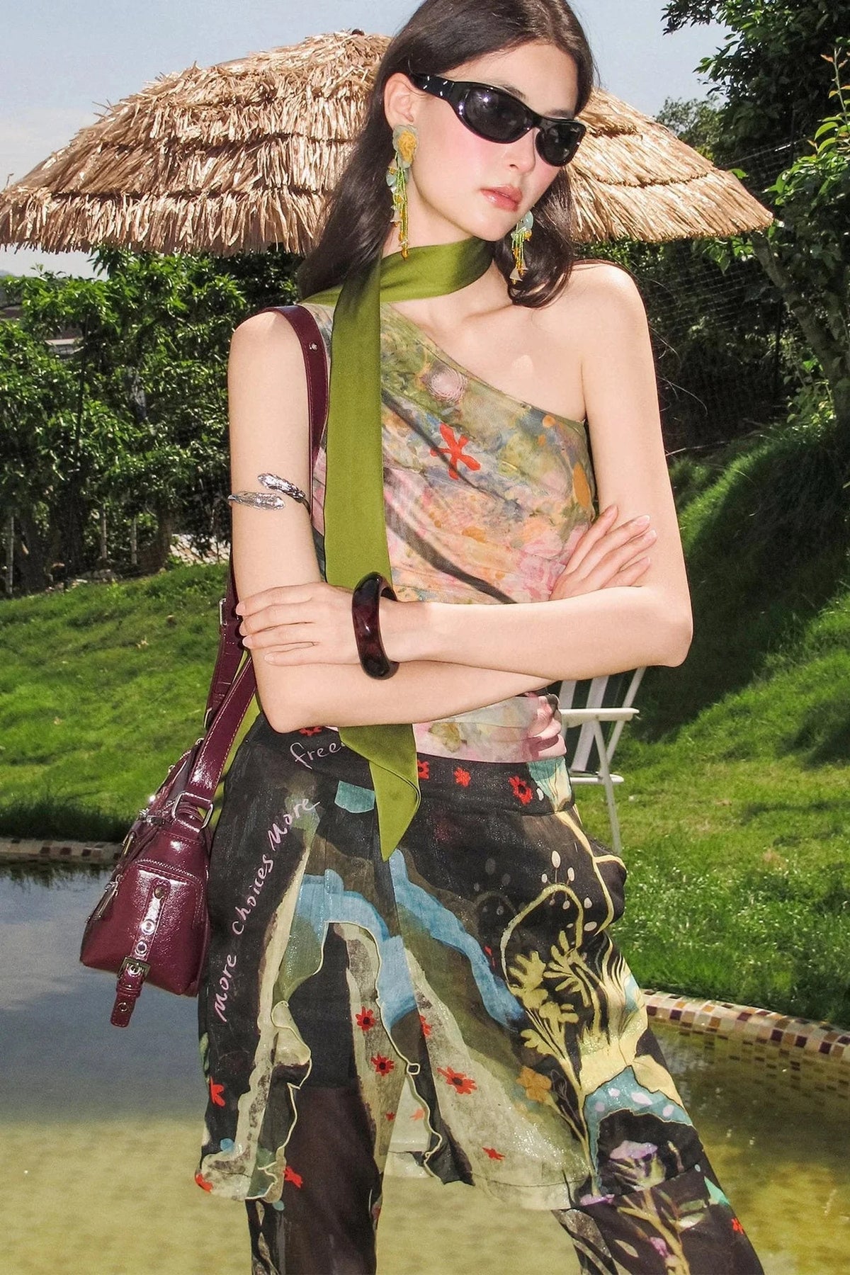 One Shoulder Oil Painting Mesh Top