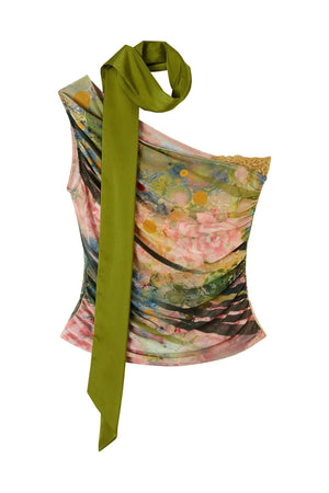 One Shoulder Oil Painting Mesh Top