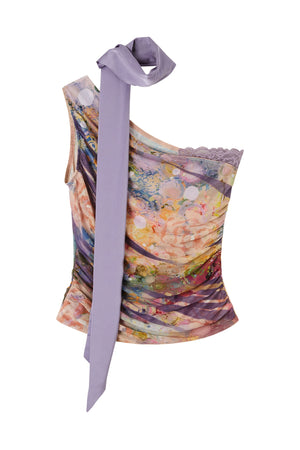 One Shoulder Oil Painting Mesh Top