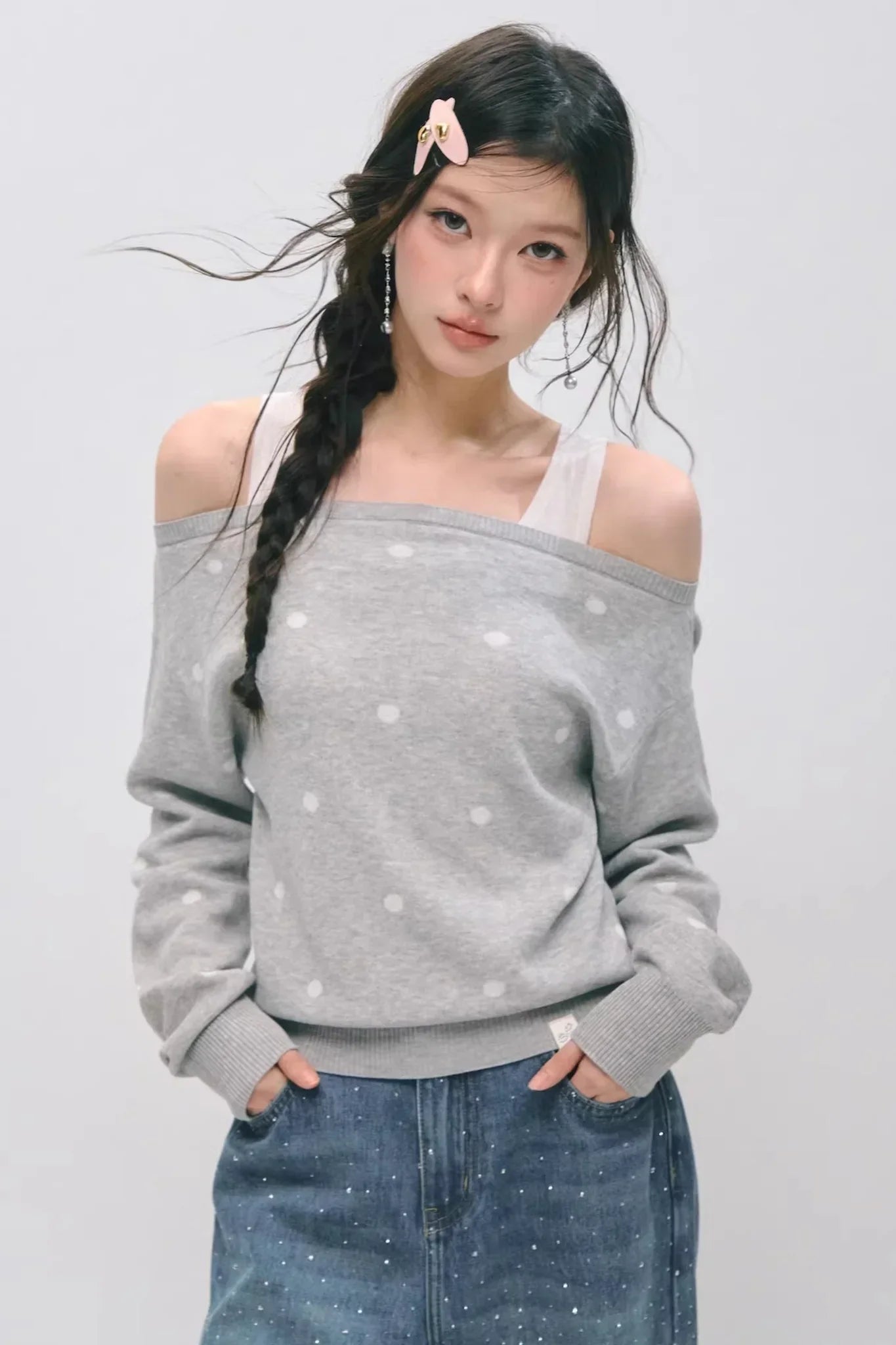 One-Shoulder Polka Dot Sweater