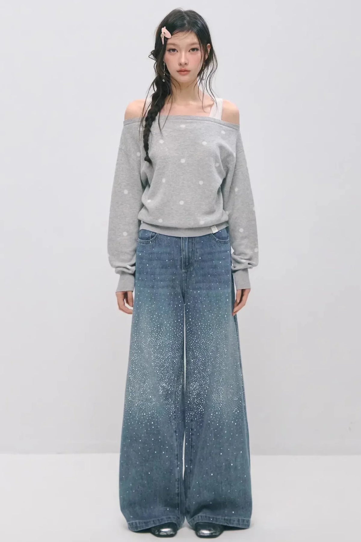 One-Shoulder Polka Dot Sweater