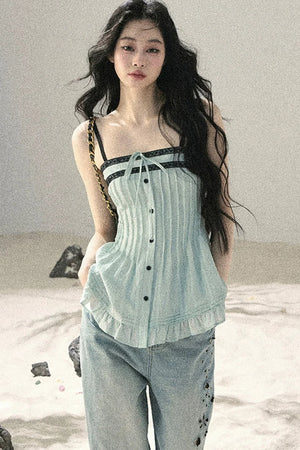One-Shoulder Ruched Lace Camisole