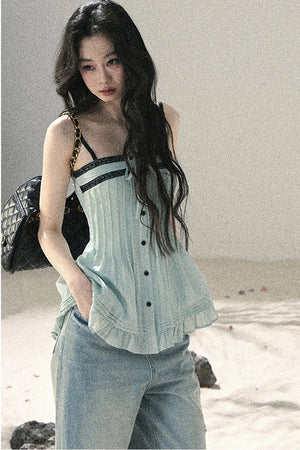 One-Shoulder Ruched Lace Camisole