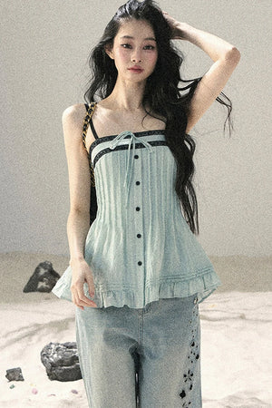 One-Shoulder Ruched Lace Camisole