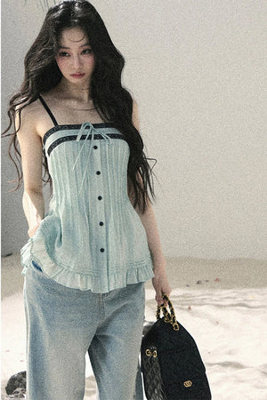 One-Shoulder Ruched Lace Camisole