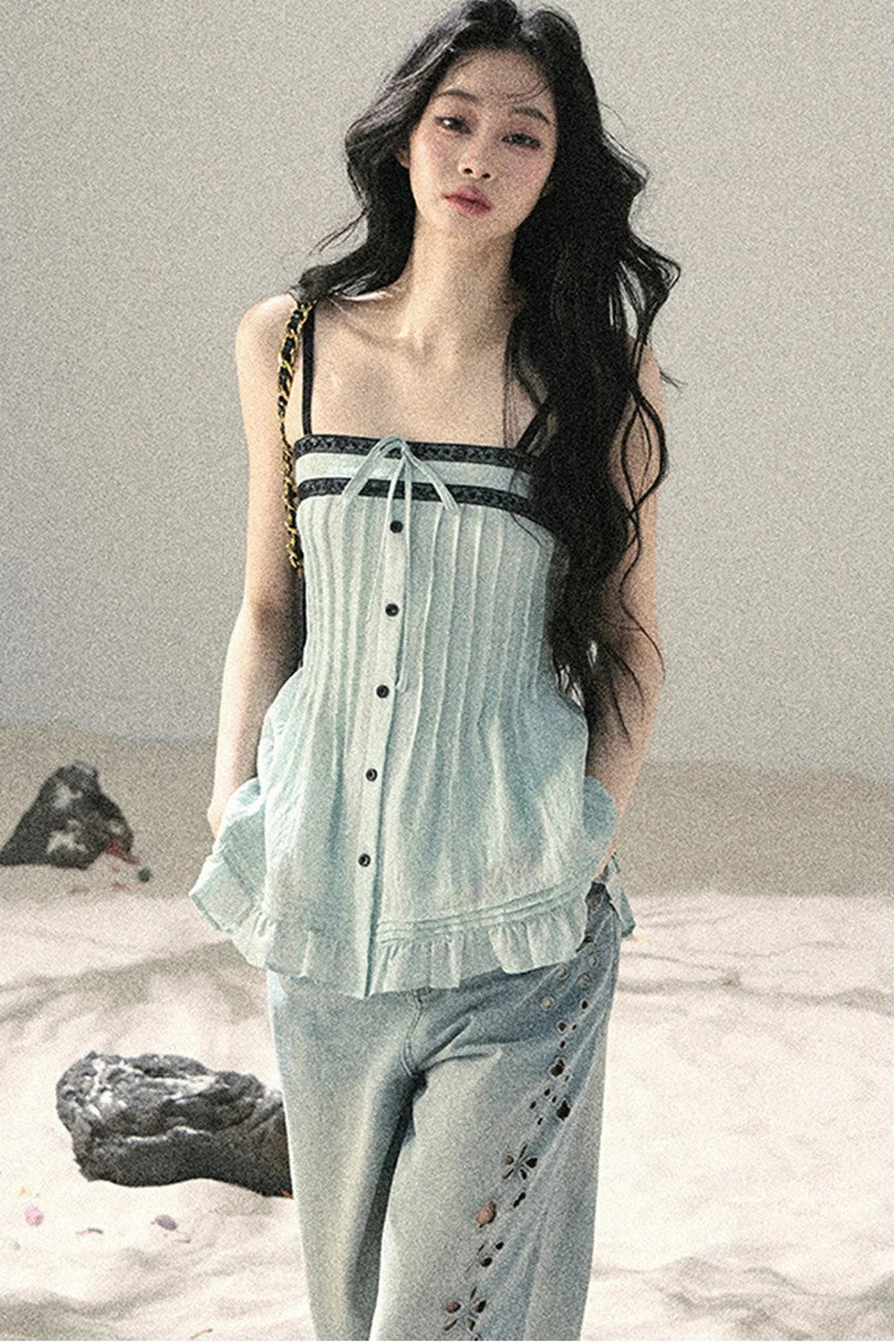 One-Shoulder Ruched Lace Camisole