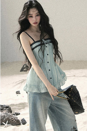 One-Shoulder Ruched Lace Camisole