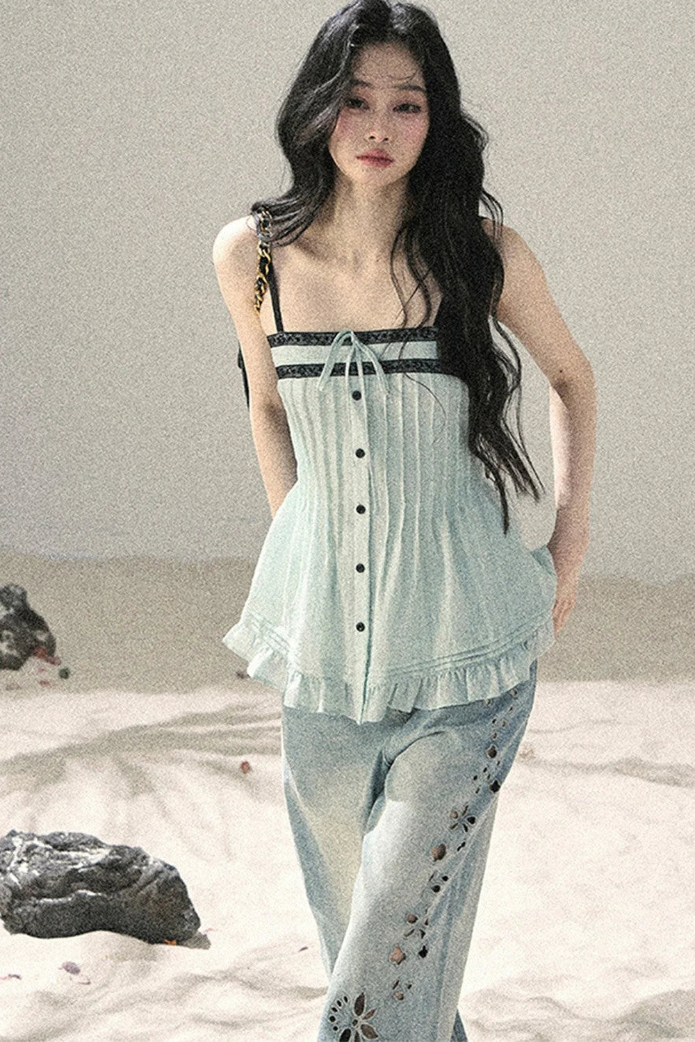 One-Shoulder Ruched Lace Camisole