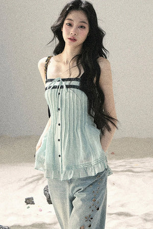One-Shoulder Ruched Lace Camisole