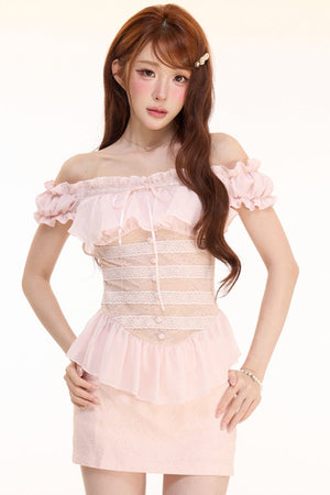 One-Shoulder Ruffled Lace Patchwork Top Set-Up