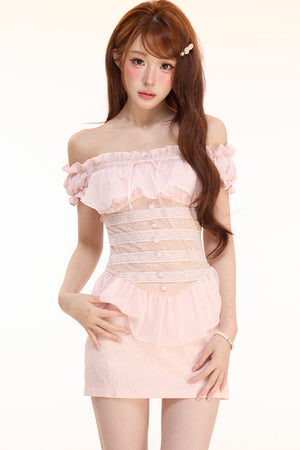 One-Shoulder Ruffled Lace Patchwork Top Set-Up