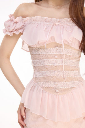 One-Shoulder Ruffled Lace Patchwork Top Set-Up