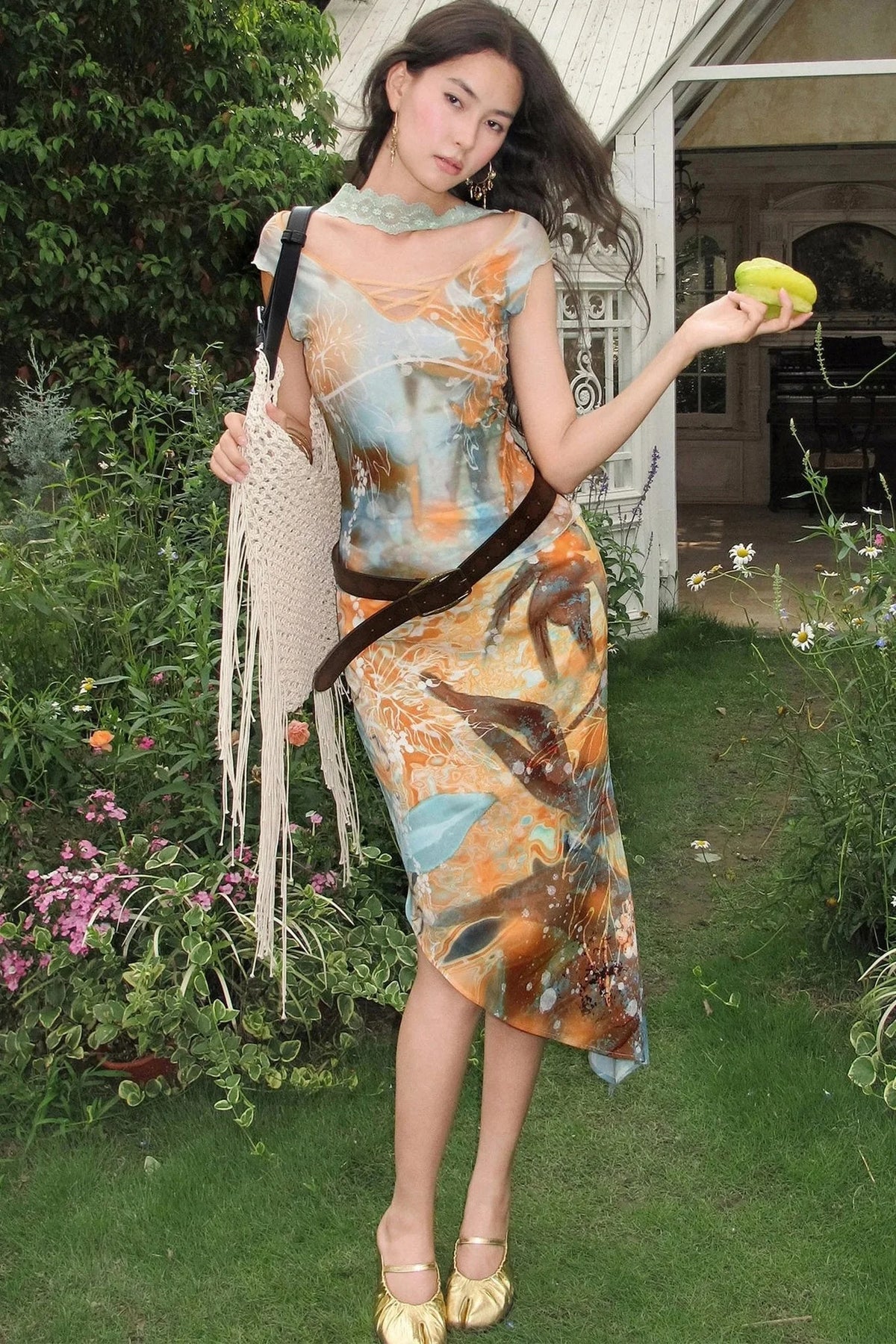 Orange Oil Painting Print Mesh Top and Skirt Set-Up