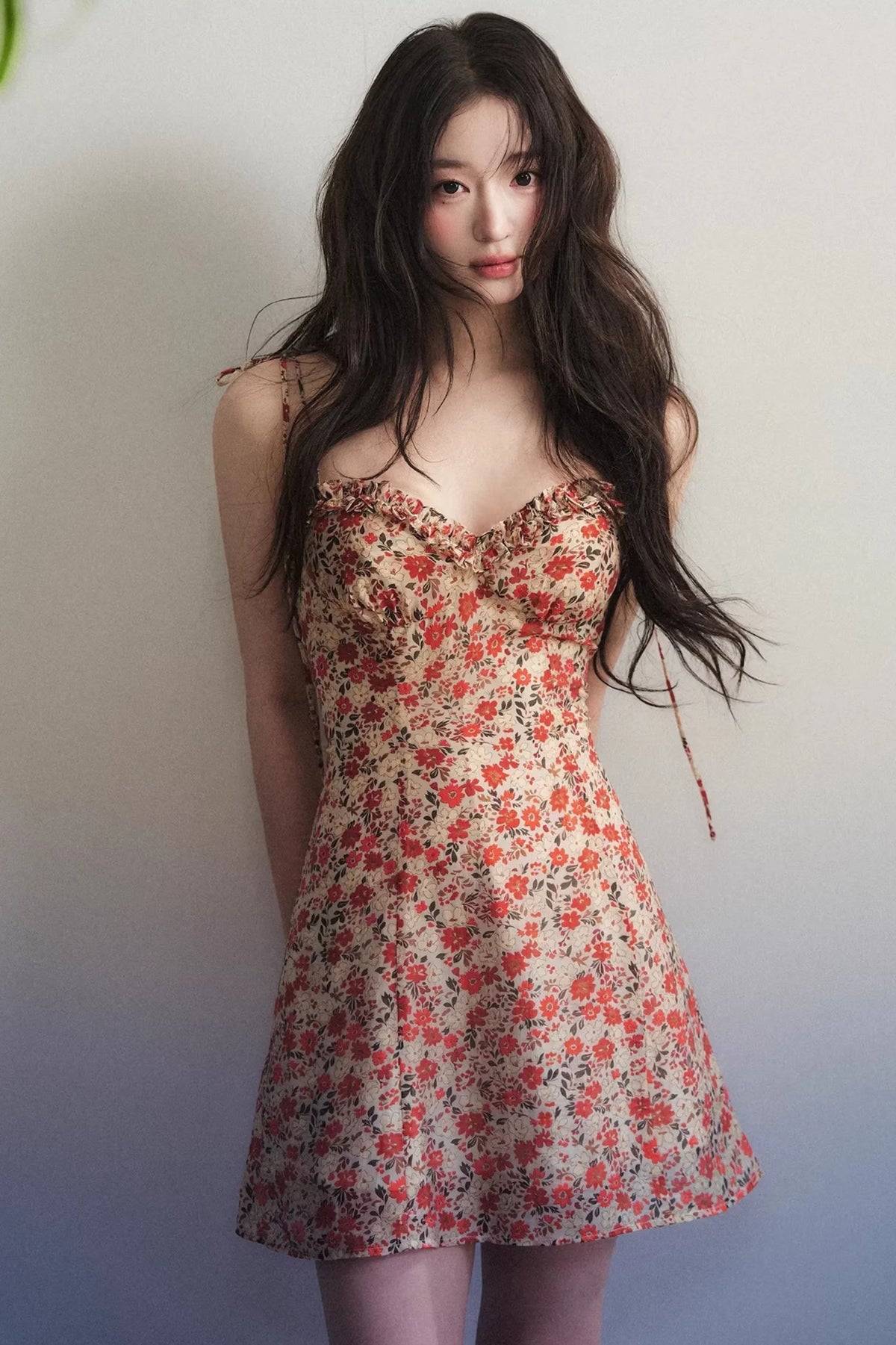 Orange-Red Floral Ruffled Dress