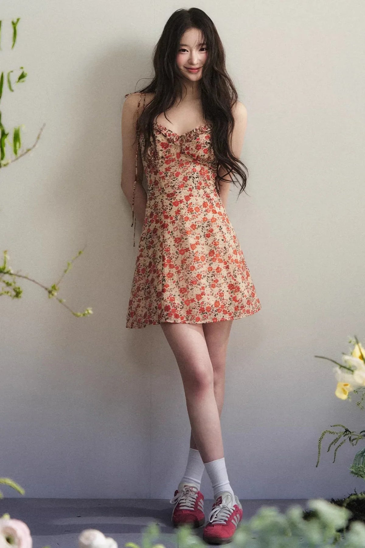 Orange-Red Floral Ruffled Dress