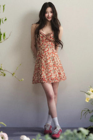 Orange-Red Floral Ruffled Dress