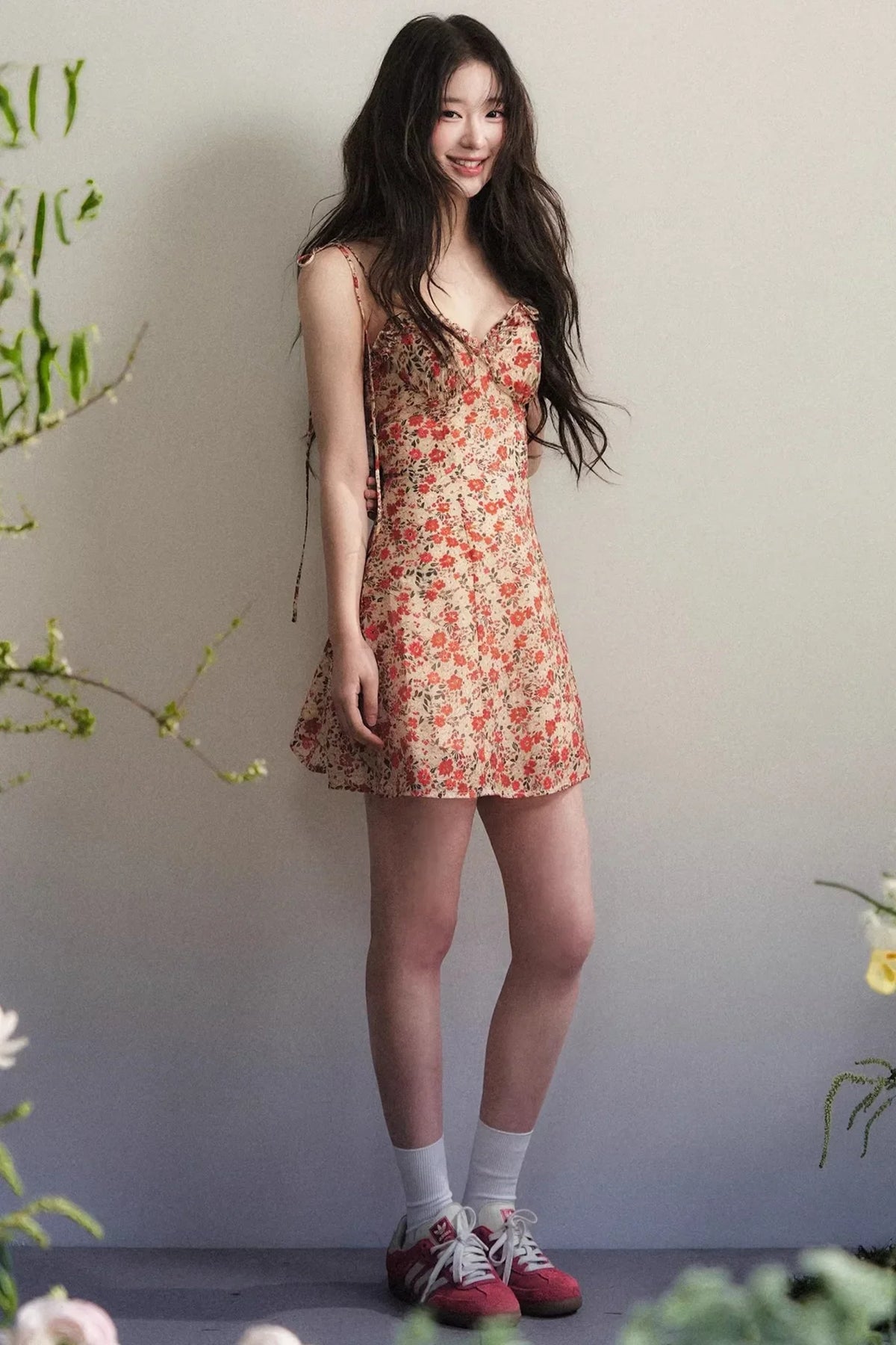 Orange-Red Floral Ruffled Dress