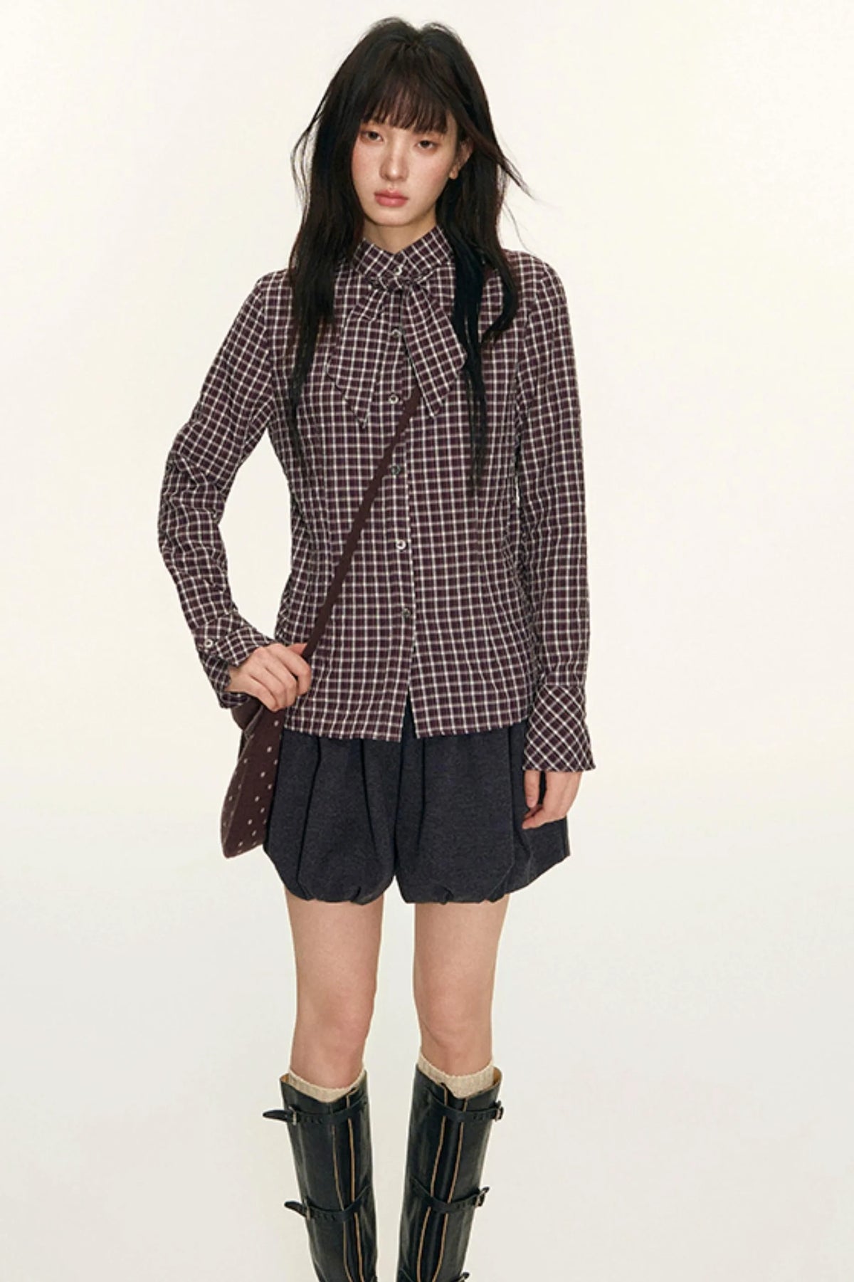Original Plaid Embroidered Lace-Up Long Sleeve Shirt