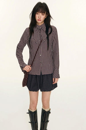 Original Plaid Embroidered Lace-Up Long Sleeve Shirt