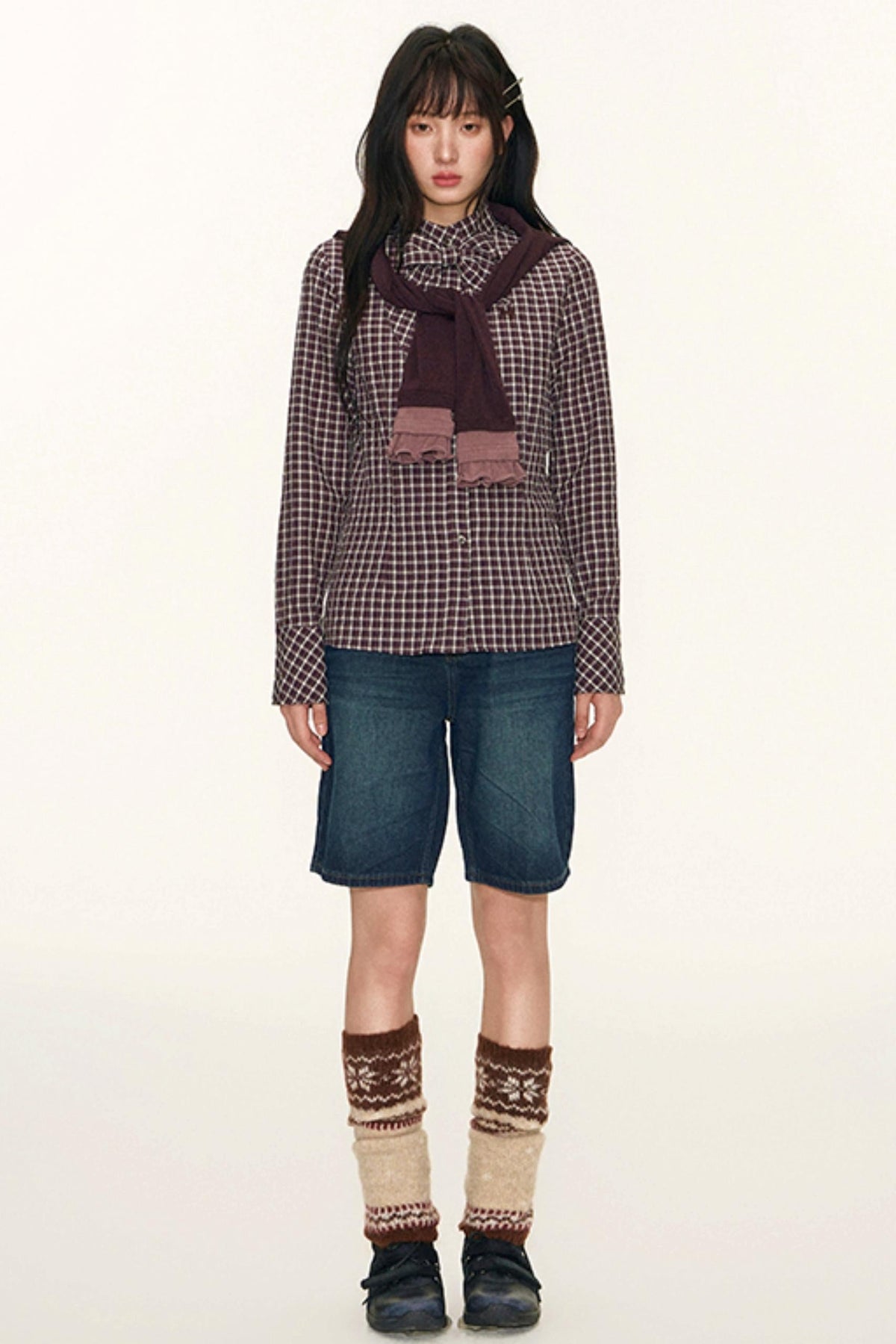 Original Plaid Embroidered Lace-Up Long Sleeve Shirt