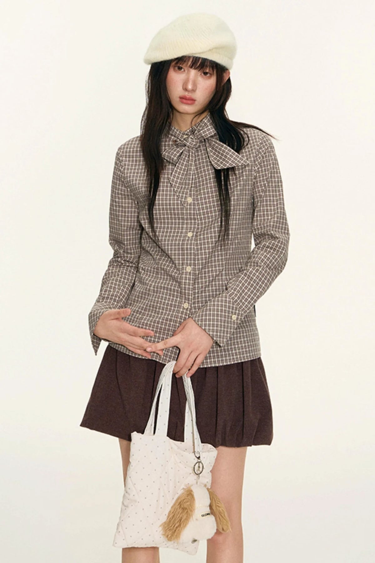 Original Plaid Embroidered Lace-Up Long Sleeve Shirt