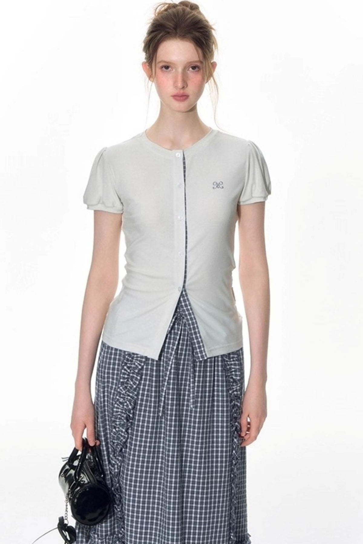 Original Slim Short Sleeve  Plaid Panelled Skirt Set-Up