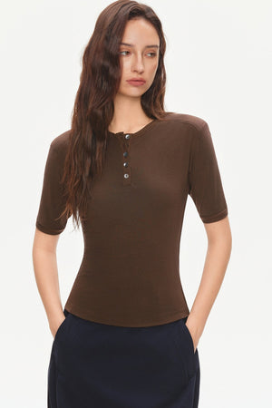 Padded Shoulder Henley Knit Top
