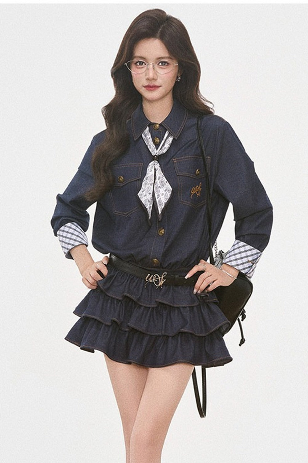 Paisley Scarf Denim-Look Shirt Tiered Dress Set-Up