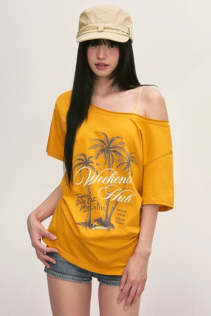 Palm Tree Graphic Off-Shoulder Lace-Up T-Shirt