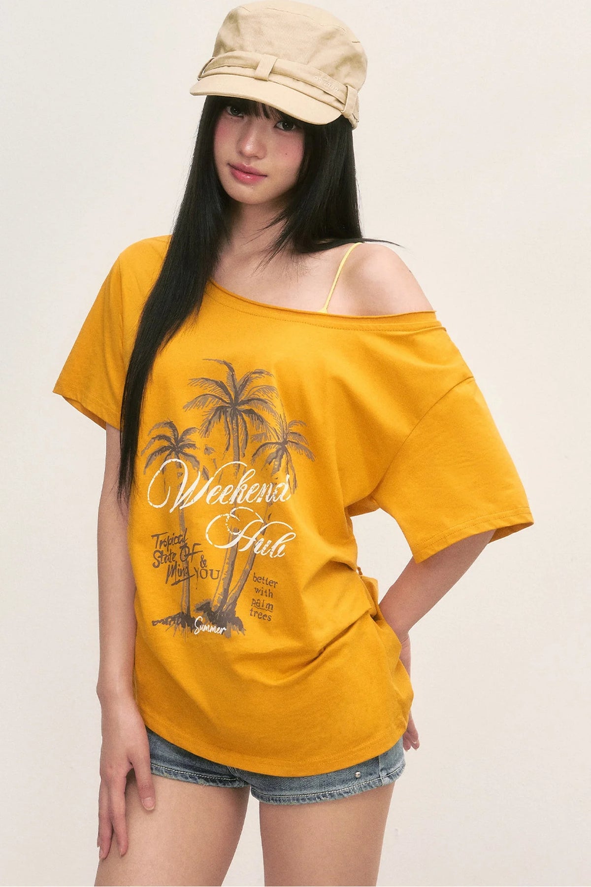 Palm Tree Graphic Off-Shoulder Lace-Up T-Shirt