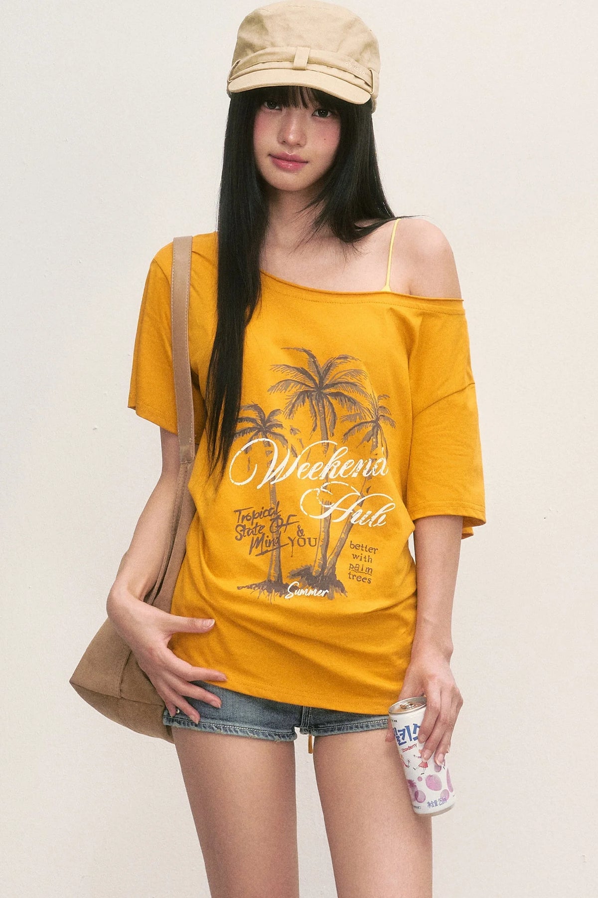 Palm Tree Graphic Off-Shoulder Lace-Up T-Shirt