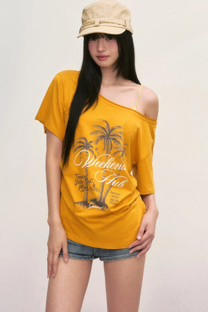 Palm Tree Graphic Off-Shoulder Lace-Up T-Shirt
