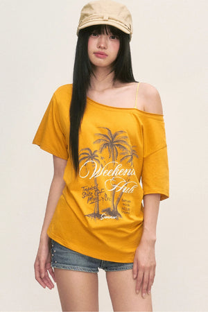 Palm Tree Graphic Off-Shoulder Lace-Up T-Shirt