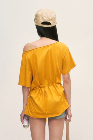 Palm Tree Graphic Off-Shoulder Lace-Up T-Shirt