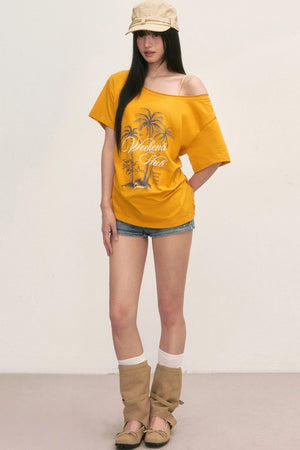 Palm Tree Graphic Off-Shoulder Lace-Up T-Shirt